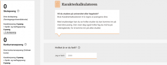 Skjermdump av tjenesten Karakterkalkulatoren på Utdanning.no