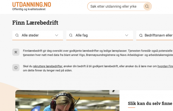 Skjermdump av tjenesten Finn lærebedrift på Utdanning.no.