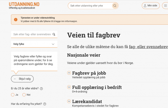 Skjermdump av verktøyet Veien til fagbrev på Utdanning.no.