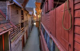 Verneverdige bygninger på Bryggen i Bergen.