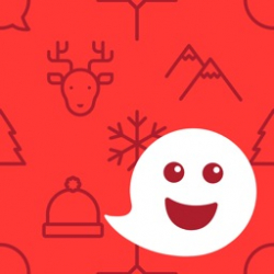 Appikon med hvit snakkeboble som smiler, på rød bakgrunn omgitt av illustrasjoner av reinsdyr, snøkrystall, lue og fjell.l