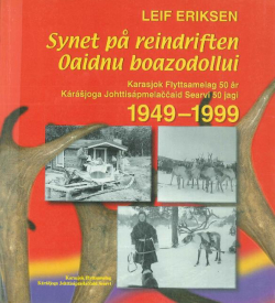 Bokomslag med boktittelen og 3 bilder av en reinraid, en liten reinflokk og en hytte med en slede utenfor.
