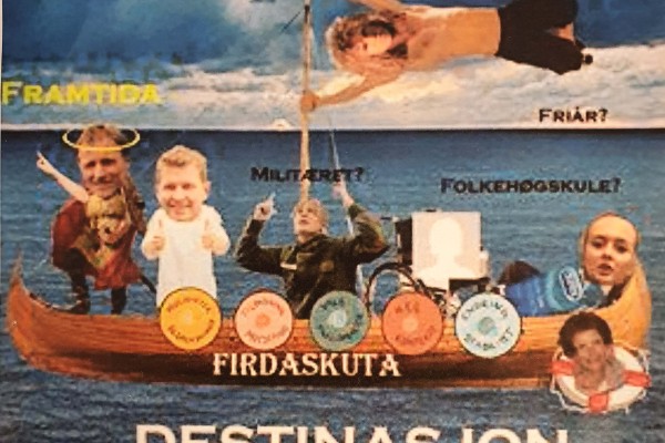 Plakat fra russerevyen på Firda vgs, bilde av en skute med karriereknappene og ulike fremtidsvalg