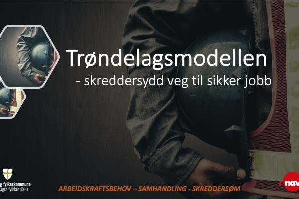 Illustrasjonsbilde med tekst "Trøndelagsmodellen - skreddersydd veg til sikker jobb" og logo Trøndelag fylkeskommune og Nav