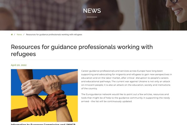 Skjermdump av Euroguidance sin ressurs for deg som jobber med flyktninger