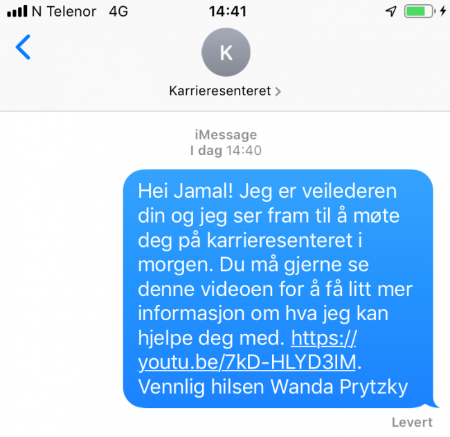 Skjermbilde av melding fra veileder